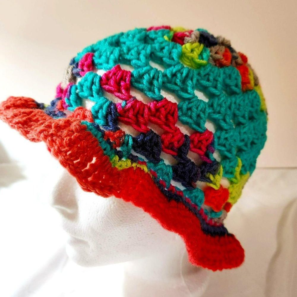 Bucket Hat multicolor handknit bright colorful rainbow